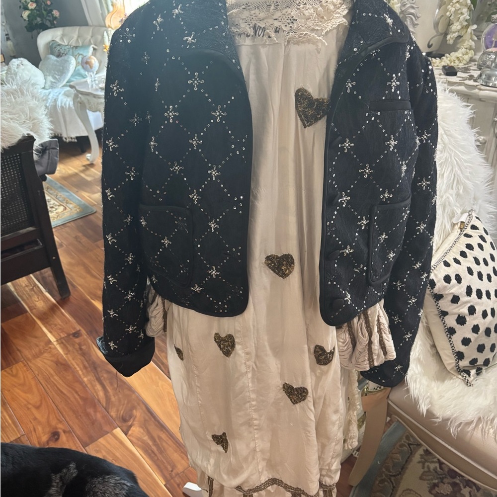 Free People Black Quilted Jacket with White Embroidery